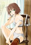  bare_shoulders brown_hair brushing_teeth chair curtains flat_chest goggles green_eyes highres panties poo77 rita_mordio sexually_suggestive short_hair sitting sports_bra strap_slip tales_of_(series) tales_of_vesperia thighhighs toothbrush toothpaste underwear underwear_only wind 