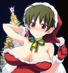  :o armpits bell breasts christmas christmas_tree cleavage copyright_request gloves hat large_breasts red_gloves ribbon sack santa_costume santa_hat short_hair solo tomomimi_shimon upper_body 