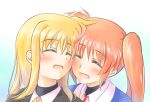  2girls blonde_hair blush eyes_closed fate_testarossa happy highres kerorokjy long_hair lyrical_nanoha mahou_shoujo_lyrical_nanoha mahou_shoujo_lyrical_nanoha_strikers military military_uniform multiple_girls orange_hair ponytail side_ponytail simple_background smile takamachi_nanoha uniform white_background yuri 