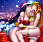  ass black_hair braid breasts christmas christmas_elf cleavage convenient_censoring convenient_leg couple elf french_kiss glasses hands jpeg_artifacts kiss large_breasts legs multiple_girls original pointy_ears ponytail pussy_juice s_zenith_lee santa_costume snow thighs wallpaper yuri 