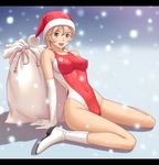 arena_(company) arm_support blonde_hair boots breasts christmas competition_swimsuit covered_nipples elbow_gloves gloves grey_eyes happy hat highleg highleg_swimsuit highres kneeling kuri_(kurigohan) legs medium_breasts one-piece_swimsuit original sack santa_hat shiny shiny_clothes shiny_skin short_hair sitting skin_tight smile snow solo swimsuit wariza white_gloves 