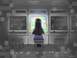  1girl arcade_cabinet artist_name black_footwear black_hair chair dress facing_away grey_background high_score_girl indoors long_sleeves miso-234 oono_akira playing_games purple_dress sitting solo 