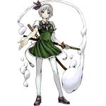  bad_id bad_pixiv_id full_body green_eyes highres katana konpaku_youmu konpaku_youmu_(ghost) legs nobita pantyhose sheath sheathed short_hair silver_hair smile solo standing sword touhou transparent_background weapon white_hair white_legwear 