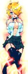  black_legwear blonde_hair blue_eyes breasts cigarette cleavage dakimakura dress_shirt garter_straps genderswap genderswap_(mtf) hair_over_one_eye large_breasts lying one_piece open_clothes open_shirt sanji shiko_an shirt short_hair skirt solo thighhighs zettai_ryouiki 