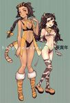  2girls animal_print bell bikini boots bow braid breasts brown_eyes brown_hair cow_horns cow_print cow_tail dark_skin elbow_gloves fur_trim gloves hair_bow horns knee_boots legs lips long_hair medium_breasts multicolored_hair multiple_girls natsuhara navel new_year original swimsuit tail thighhighs tiger_print tiger_tail underboob wavy_hair 