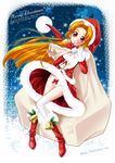  bra brown_eyes highres kitano_tomotoshi lingerie long_hair mermaid_melody_pichi_pichi_pitch orange_eyes orange_hair panties santa_costume seira_(mermaid_melody_pichi_pichi_pitch) solo thighhighs underwear upskirt white_legwear white_panties wind wind_lift 