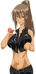  bad_id bad_pixiv_id bad_proportions breasts brown_eyes brown_hair copyright_request dark_skin highres ksaiki large_breasts long_hair milk ponytail sexually_suggestive solo toned 
