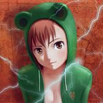  biribiri breasts brown_eyes brown_hair cleavage frog gekota hood hoodie jijo medium_breasts misaka_mikoto no_bra open_clothes short_hair solo to_aru_kagaku_no_railgun to_aru_majutsu_no_index 