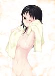  bad_id bad_pixiv_id black_hair breasts brown_eyes censored convenient_censoring highres kimura_daisuke long_hair navel nude one_eye_closed original small_breasts smile solo steam towel wet 