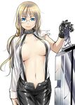  blonde_hair blue_eyes collar copyright_request glasses gloves huge_weapon leather leather_pants long_hair mole navel no_bra open_clothes open_fly open_shirt pants shirt single_glove sody solo suspenders sword unzipped weapon 