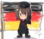  1girl :3 alternate_emblem artist_name bangs black_hat black_jacket blush_stickers brown_eyes brown_hair child closed_mouth commentary crayon dated dress_shirt eyebrows_visible_through_hair eyes_visible_through_hair faux_traditional_media flag_background full_body garrison_cap german_flag girls_und_panzer hat highres jacket jinguu_(4839ms) kuromorimine_military_uniform long_sleeves looking_at_viewer military military_hat military_uniform nishizumi_maho red_shirt red_skirt shirt short_hair signature skirt smile solo standing uniform waving younger 