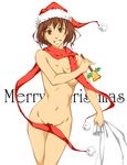  bad_id bad_pixiv_id bell brown_eyes brown_hair christmas hat naked_scarf navel nude original pubic_hair red_scarf sack santa_hat scarf smile solo suda_(yuunagi_enikki) 