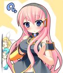  :&lt; =_= ? amakara_surume aqua_hair blonde_hair blue_eyes blush breast_envy breast_squeeze breasts hair_ornament hairclip hatsune_miku headphones kagamine_rin large_breasts long_hair megurine_luka multiple_girls peeking pink_hair ribbon sharp_teeth short_hair teeth twintails vocaloid 