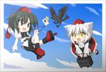  animal_ears bird black_hair camera chibi crow detached_sleeves geta hat highres inubashiri_momiji multiple_girls nenaro shameimaru_aya short_hair silver_hair tengu-geta tokin_hat touhou wolf_ears 