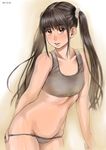  black_hair blush bra brown_hair chitose_(zenkou) dated dressing flat_chest grey_bra grey_panties groin looking_at_viewer lowleg lowleg_panties navel original panties panty_pull parted_lips shiny shiny_skin solo sports_bra stomach twintails underwear underwear_only zenkou 