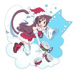  animal_ears boots brown_eyes brown_hair cat_ears copyright_request elbow_gloves garter_straps gloves hat kanikama santa_costume solo tail thighhighs white_gloves white_legwear 