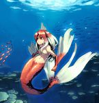  breasts fins fish gills gradient_hair hair_censor hair_over_breasts looking_to_the_side mermaid monster_girl multicolored_hair nude orange_eyes original scales shihou_(g-o-s) smile solo underwater water webbed_hands 