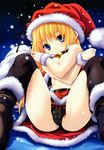  absurdres blonde_hair blue_eyes breast_hold breasts cameltoe copyright_request covering highres medium_breasts miyama-zero santa_costume solo 