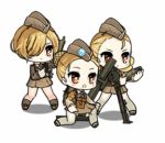  3girls animated animated_gif blonde_hair blush_stickers firing girls_frontline hair_over_one_eye hat kneeling lowres m2_mortar_(girls_frontline) military military_hat military_uniform mortar_(weapon) mortar_shell multiple_girls radio red_eyes skirt socks su_xiao_jei thighhighs uniform 