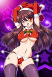  ;d arms_up breasts brown_hair christmas covered_nipples elbow_gloves gloves hat large_breasts latex latex_gloves long_hair navel one_eye_closed open_mouth orange_eyes original red_gloves santa_costume santa_hat smile solo tanuki_yousuke thighhighs underboob 