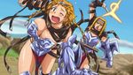  armor blonde_hair blue_eyes blush braid breasts cleavage hairband large_breasts leina lowres multiple_girls queen's_blade shield short_hair sword twin_braids weapon 