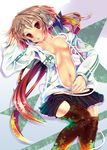  breasts brown_hair copyright_request long_hair medium_breasts navel ponytail red_eyes skirt solo teruru unzipped 