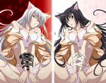  animal_ears bakemonogatari bare_shoulders bdsm black_hair black_hanekawa blush bondage bound bound_arms bow bow_bra bow_panties bra breasts cleavage commentary_request contrast glasses hanekawa_tsubasa isse large_breasts lingerie long_hair monogatari_(series) multiple_girls nekomonogatari open_clothes panties polar_opposites purple_eyes ribbon ribbon_bondage spread_legs underwear very_long_hair white_bra white_hair white_panties yellow_eyes 