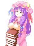  bad_id bad_pixiv_id book bow breast_rest breasts carried_breast_rest carrying crescent hair_bow hat large_breasts long_hair patchouli_knowledge purple_hair shiihaku solo touhou 