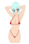  aqua_hair aqua_pubic_hair armpits arms_up artist_request bad_anatomy bikini blue blue_eyes blush breasts colored_pubic_hair covered_nipples flat_color highres izumine_shunko large_breasts micro_bikini mspaint ponytail pubic_hair solo swimsuit vocaloid 