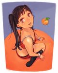  arancia black_hair downblouse face feet food fruit kneeling lips long_hair looking_up orange original red_eyes shiohara_shin'ichi smile socks solo twintails 