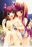  absurdres animal_ears bathing cat_ears cat_tail flat_chest fox_ears fox_tail gradient_hair highres long_hair megami megami_creators minase_(dragon_panda) moon multicolored_hair multiple_girls night nude onsen open_mouth purple_eyes purple_hair scan short_hair sitting soap tail very_long_hair wet yellow_eyes yuri 