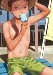  1boy b_gent brown_eyes brown_hair food hat looking_at_viewer male_focus male_swimwear navel nipples original outdoors popsicle short_hair solo straw_hat sweat swim_trunks swimwear 