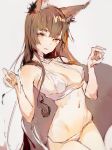  1girl absurdres animal_ears bikini breasts brown_hair claw_pose cleavage cowboy_shot fang highres hong long_hair looking_at_viewer lowleg lowleg_bikini medium_breasts navel orange_eyes original parted_lips sidelocks sketch solo swimsuit very_long_hair white_bikini 