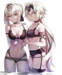  2girls ahoge alternate_breast_size arms_behind_back black_bra boyshorts bra breasts choker closed_mouth cowboy_shot eyebrows_visible_through_hair fate/grand_order fate_(series) from_side garter_belt gendo0032 hair_intakes headpiece jeanne_d&#039;arc_(alter)_(fate) jeanne_d&#039;arc_(fate)_(all) long_hair medium_breasts multiple_girls navel nero_claudius_(fate) nero_claudius_(fate)_(all) no_panties purple_bra purple_legwear short_hair silver_hair single_thighhigh smile thighhighs underwear underwear_only v-shaped_eyebrows very_long_hair wading work_in_progress 