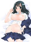  bad_id bad_pixiv_id black_eyes black_hair breasts dressing groin large_breasts masto no_panties open_clothes open_shirt saki school_uniform shirt skirt solo touyoko_momoko tsuruga_school_uniform white_shirt 