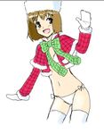  bad_id bad_pixiv_id bra brown_eyes brown_hair capelet hagiwara_yukiho hat idolmaster idolmaster_(classic) lingerie midriff mittens no_pants open_clothes open_mouth open_shirt panties shirt short_hair smile solo thighhighs totokichi underwear white_panties 