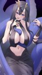  1girl antlers asymmetrical_antlers azur_lane bandaged_wrist bandages bare_shoulders black_dress black_hair black_nails blue_eyes breast_curtains breasts commentary_request deer_antlers dress golden_hind_(azur_lane) highres large_breasts licking licking_finger long_hair looking_at_viewer mole mole_under_mouth nail_polish navel reindeer_antlers revealing_clothes seele0907 solo stomach tentacle_between_breasts tentacles tongue tongue_out very_long_hair 