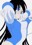  1girl bandaid bandaid_on_face bandaid_on_forehead black_hair blue_eyes blue_leotard breasts cable covered_mouth flat_color gauze gauze_on_face gloves hands_up highres holding holding_mouse_(computer) leotard long_hair long_sleeves looking_at_viewer medium_breasts mouse_(computer) original simple_background solo standing straight_hair tears upper_body urokogaran white_background white_gloves 