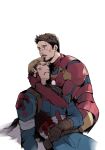  2boys arc_reactor armor avengers_(series) belt blonde_hair blood blood_from_mouth blood_on_clothes blood_on_face blue_bodysuit bodysuit brown_belt brown_eyes brown_gloves brown_hair captain_america closed_eyes facial_hair fingerless_gloves full_armor gloves highres injury iron_man looking_to_the_side lying male_focus mandarin_collar marvel multicolored_armor multiple_boys on_back pocket power_armor red_armor rv0fya short_hair simple_background sitting star_(symbol) steve_rogers striped superhero teeth tony_stark white_background yellow_armor 