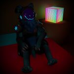  3d_(artwork) absurd_res anthro bed black_pawpads blue_body blue_eyes blue_fur blush claws cube_(object) digital_media_(artwork) floppy_ears fur furniture genitals glowing_tail_tip hi_res hypabeast_ad hyper_(hypabeast) lamp looking_at_viewer machine male missing_texture on_bed one_eye_closed pawpads penis protogen protogen_armor protogen_visor septagram sitting sitting_on_bed solo tapering_penis teal_body teal_fur teal_penis vignette wink winking_at_viewer 