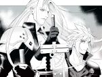  2boys armor black_coat black_gloves cloud_strife coat final_fantasy final_fantasy_vii gloves greyscale hand_up high_collar holding holding_sword holding_weapon jjn_ff7 katana long_hair looking_down looking_to_the_side male_focus monochrome multiple_boys outdoors parted_bangs pauldrons screentones sephiroth serious short_hair shoulder_armor slit_pupils spiked_hair sword upper_body weapon wind 