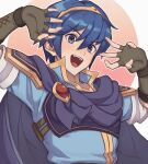  1boy armor blue_eyes blue_hair blue_shirt breastplate cape circlet claw_pose commentary_request fingerless_gloves fire_emblem gloves highres looking_at_viewer male_focus marth_(fire_emblem) nyo02921978 open_mouth pauldrons shirt shoulder_armor upper_body 