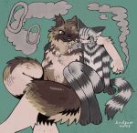  2023 anthro arm_on_shoulder arm_tuft artist_name birdpaw_(artist) black_nose blue_eyes brown_body brown_fur canid canine cheek_tuft chest_tuft cigarette digital_media_(artwork) domestic_cat duo elbow_tuft facial_tuft felid feline felis fur grey_background grey_body grey_fur hi_res hindpaw holding_cigarette holding_object light_body light_fur male mammal multicolored_body multicolored_fur neck_tuft one_eye_closed paws simple_background sitting size_difference smile smoke striped_body striped_fur stripes tail tail_tuft tan_fuur tan_sclera tuft yellow_body yellow_fur 