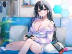  1girl :o bare_shoulders black_hair blush breasts cleavage collarbone controller couch highres holding holding_controller indoors jacket large_breasts long_hair long_sleeves looking_at_viewer nekoyashiki_pushio nintendo_switch non-web_source off_shoulder original parted_lips pillow plant purple_eyes short_shorts shorts sitting solo spaghetti_strap white_jacket 