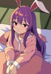  1girl animal_ears closed_mouth commentary_request highres kv-san long_hair long_sleeves pajamas pillow pink_pajamas pink_shirt purple_eyes rabbit_ears red_eyes reisen_udongein_inaba shirt sidelocks solo touhou upper_body very_long_hair 