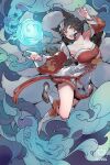  1girl ahri_(league_of_legends) animal_ears artist_name black_hair breasts cleavage collarbone commentary detached_sleeves energy_ball facial_mark fingernails fox_ears fox_tail full_body hair_between_eyes highres ippus large_breasts league_of_legends long_hair looking_up multiple_tails nail_polish open_mouth red_nails sidelocks smile solo tail whisker_markings yellow_eyes 