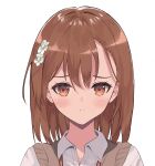  1girl :t absurdres blush brown_eyes brown_hair brown_sweater_vest closed_mouth commentary_request flower hair_flower hair_ornament highres looking_at_viewer medium_hair misaka_mikoto mosaic0614 portrait pout school_uniform shirt summer_uniform sweater_vest toaru_kagaku_no_railgun toaru_majutsu_no_index tokiwadai_school_uniform white_shirt 