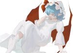  arm_support bat_wings blue_hair bow breasts curly_hair dress frilled_socks frills hand_to_own_mouth hat hat_bow highres knees_up mob_cap nail_polish nightgown plantar_flexion red_bow red_eyes red_nails red_wings reisende1969 remilia_scarlet ribbon_trim short_hair sleeve_garter small_breasts socks touhou white_dress white_headwear white_socks wings 
