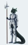  2022 absurd_res anthro armor black_body black_scales brown_eyes brown_sclera dunoruno everquest eyebrows female green_body green_scales hi_res holding_object holding_weapon iksar lizard melee_weapon metal_armor multicolored_body multicolored_scales olonia polearm pupils reptile scales scalie simple_background slit_pupils smile solo standing weapon white_background 