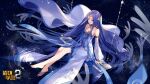 1girl bare_legs bare_shoulders barefoot benghuai_xueyuan blue_dress blue_eyes blue_hair blue_sleeves breasts cleavage closed_mouth copyright_name dress forehead forehead_jewel full_body gem highres honkai_(series) jewelry jyahnar_(benghuai_xueyuan) long_hair ocean official_art reflection reflective_water ripples second-party_source seesaw sitting sky sleeveless sleeveless_dress smile soaking_feet solo star_(sky) starry_sky toes veil wading water 